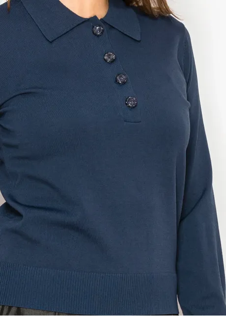 Polo collar knit sweater with button detail in navy