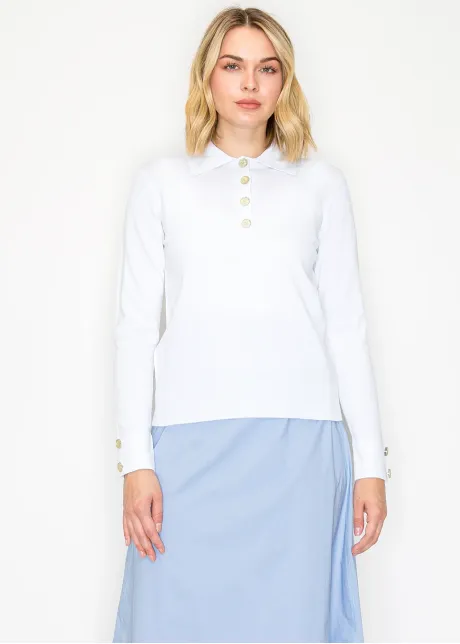 White Sweater with Polo Collar and Gold Buttons