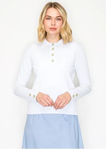 White Sweater with Polo Collar and Gold Buttons