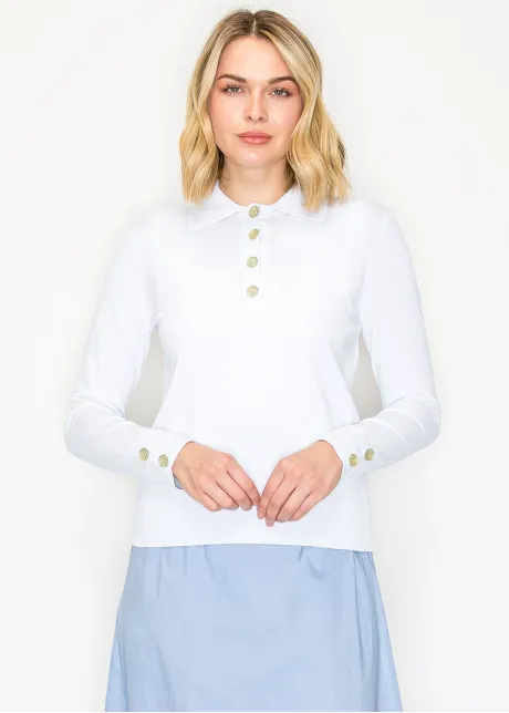 White Sweater with Polo Collar and Gold Buttons