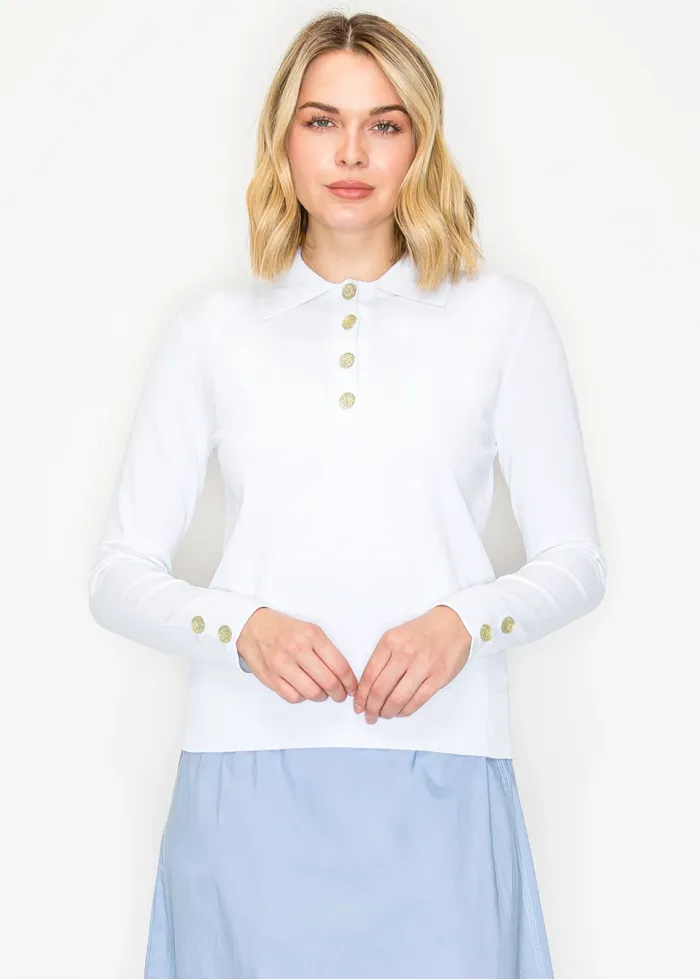 White Sweater with Polo Collar and Gold Buttons