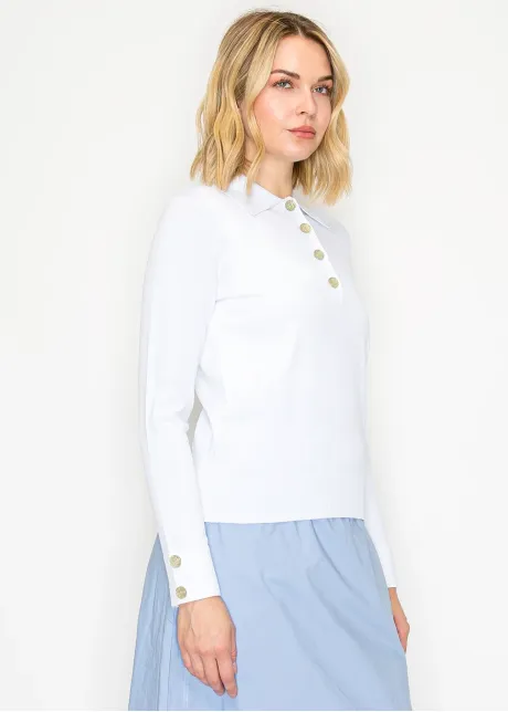 White Sweater with Polo Collar and Gold Buttons