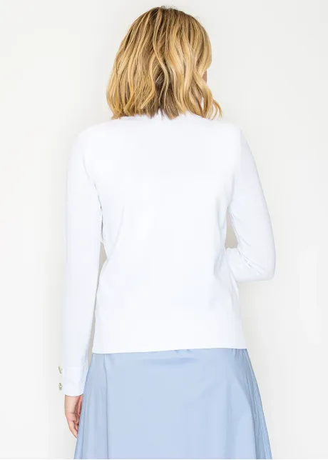 White Sweater with Polo Collar and Gold Buttons