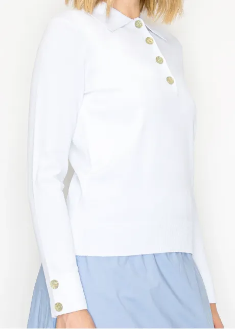 White Sweater with Polo Collar and Gold Buttons