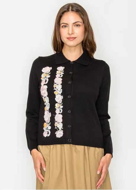 Floral Embroidered Black Collared Cardigan