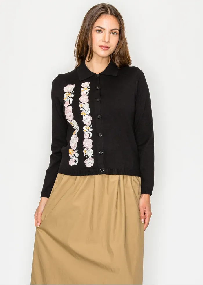 Floral Embroidered Black Collared Cardigan