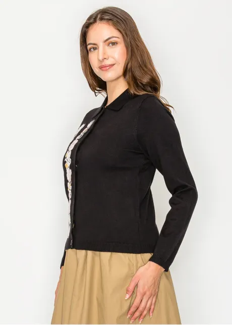 Floral Embroidered Black Collared Cardigan