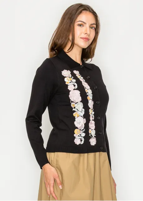 Floral Embroidered Black Collared Cardigan