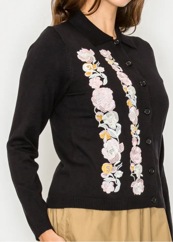 Floral Embroidered Black Collared Cardigan