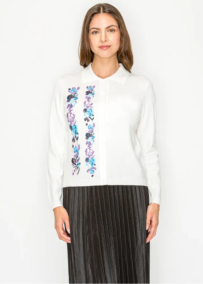 Soft White Cardigan with Blooming Panels