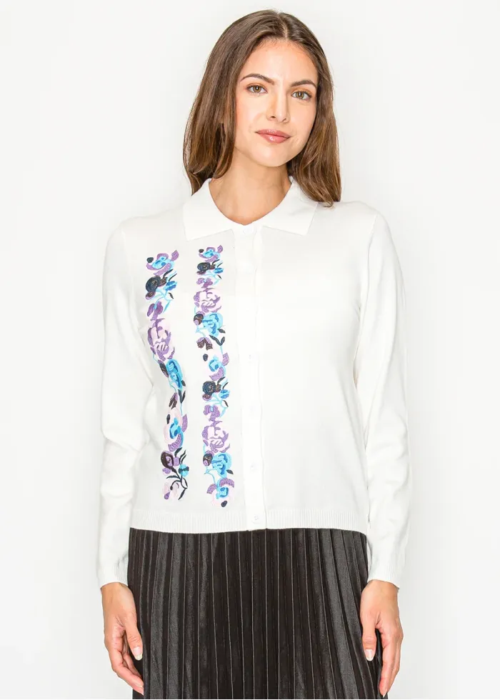 Soft White Cardigan with Blooming Panels