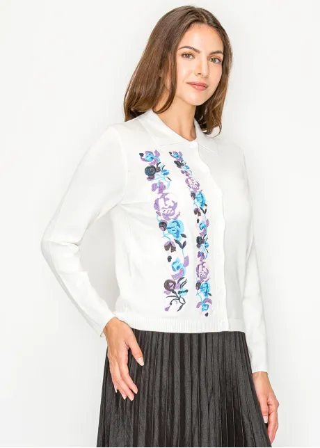 Soft White Cardigan with Blooming Panels