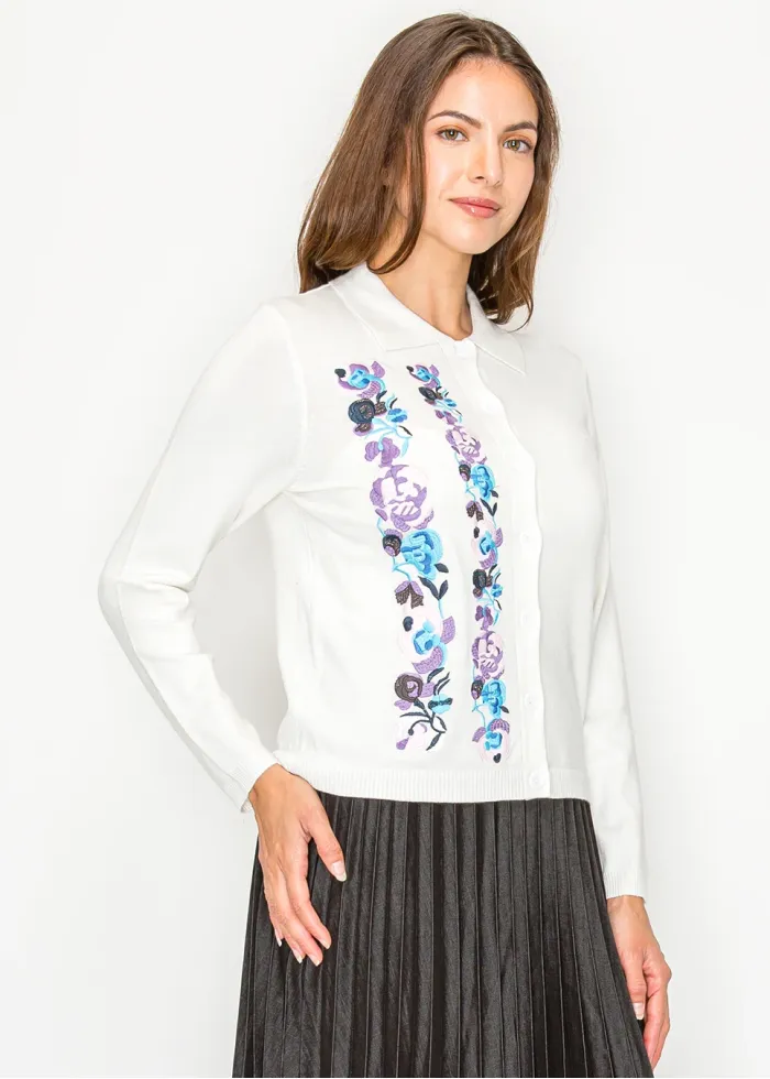 Soft White Cardigan with Blooming Panels