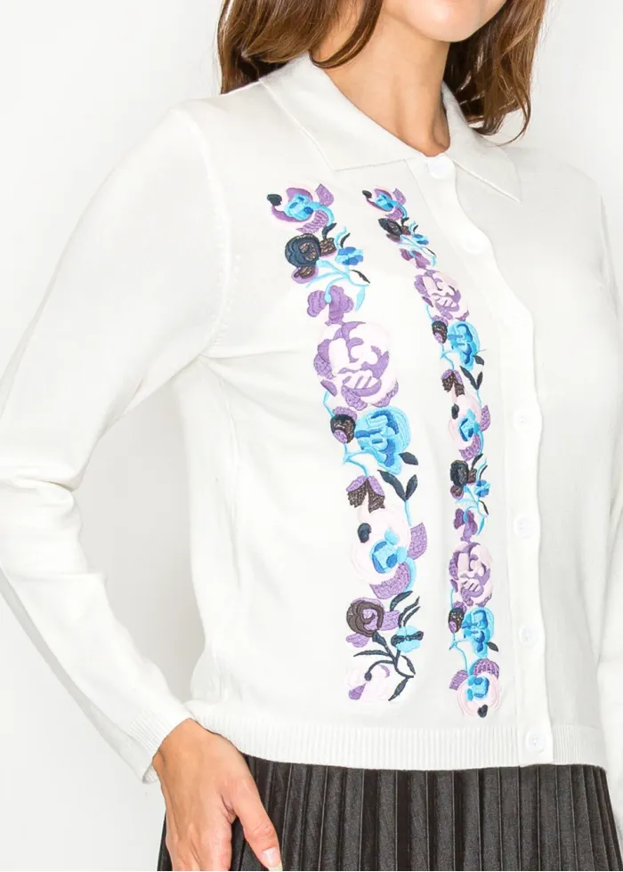 Soft White Cardigan with Blooming Panels