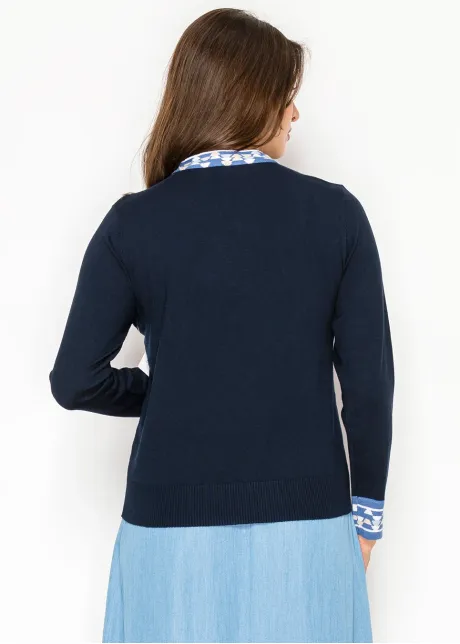 Navy V-Neck Knit Sweater with Contrast Trim
