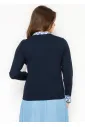 Navy V-Neck Knit Sweater with Contrast Trim