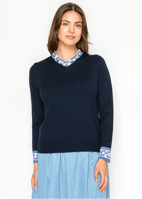 Navy V-Neck Knit Sweater with Contrast Trim