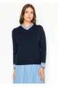 Navy V-Neck Knit Sweater with Contrast Trim