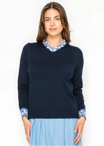 Navy V-Neck Knit Sweater with Contrast Trim