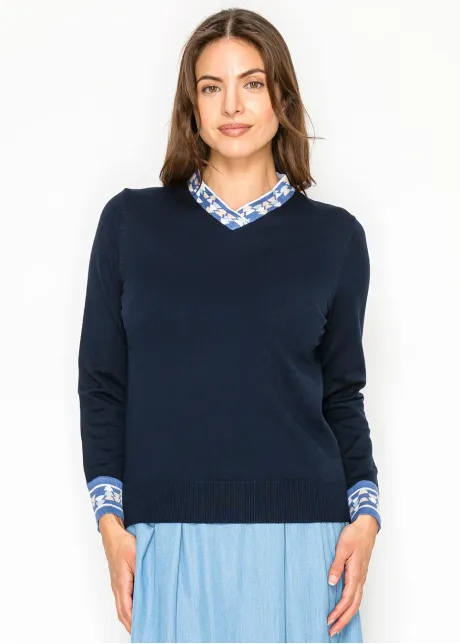 Navy V-Neck Knit Sweater with Contrast Trim