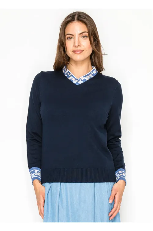 Navy V-Neck Knit Sweater with Contrast Trim
