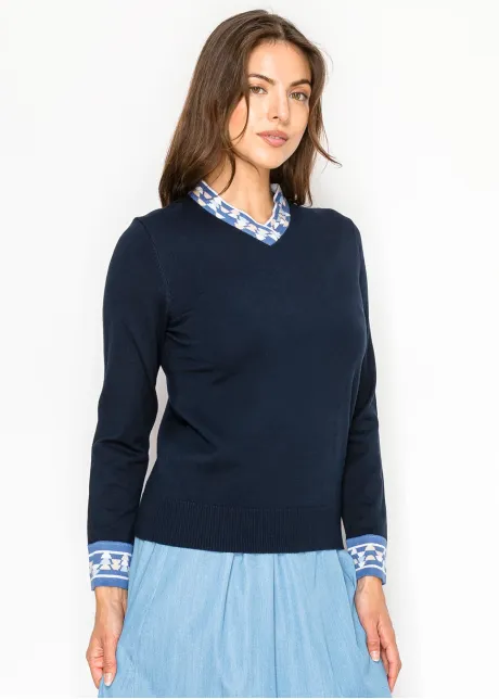 Navy V-Neck Knit Sweater with Contrast Trim