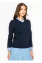 Navy V-Neck Knit Sweater with Contrast Trim