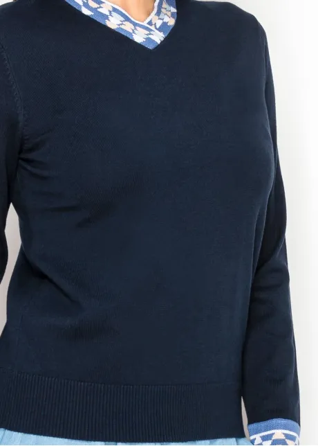 Navy V-Neck Knit Sweater with Contrast Trim