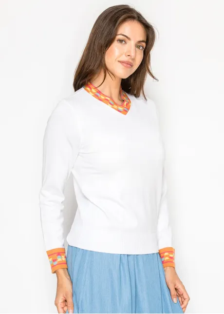 White V-Neck Sweater with Color-Trim Detail