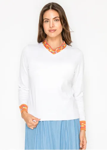 White V-Neck Sweater with Color-Trim Detail