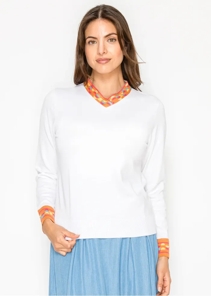 White V-Neck Sweater with Color-Trim Detail