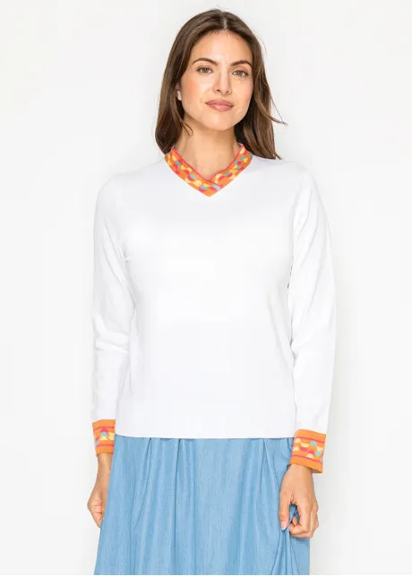 White V-Neck Sweater with Color-Trim Detail