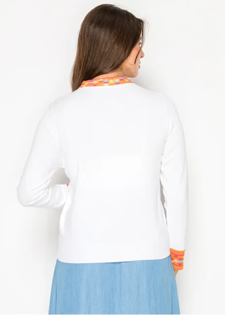 White V-Neck Sweater with Color-Trim Detail