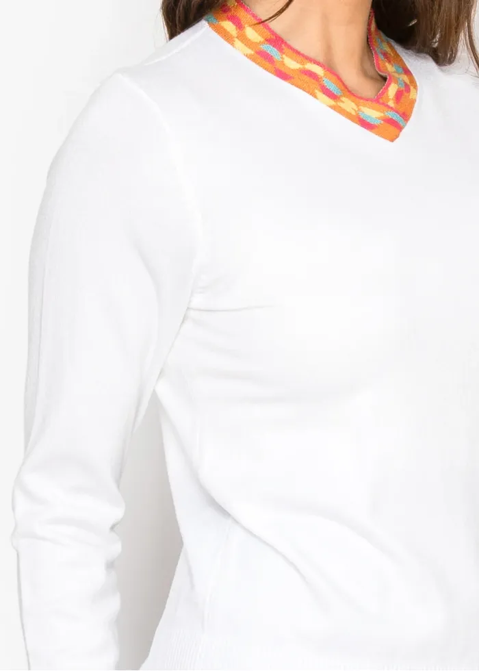 White V-Neck Sweater with Color-Trim Detail