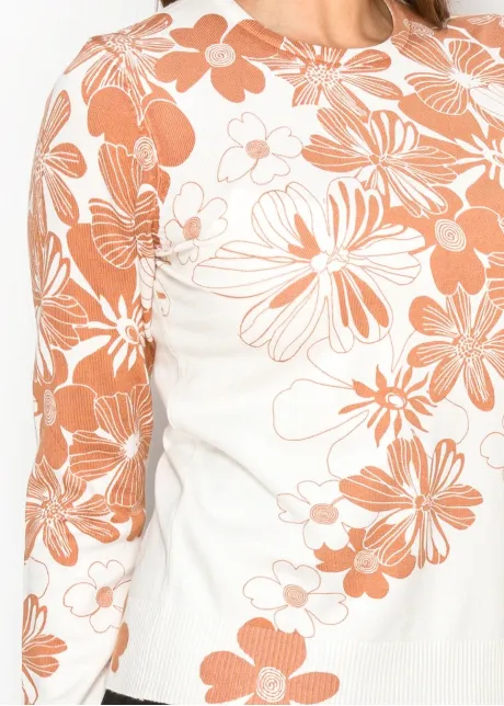 White Sweater with Rust Floral Print
