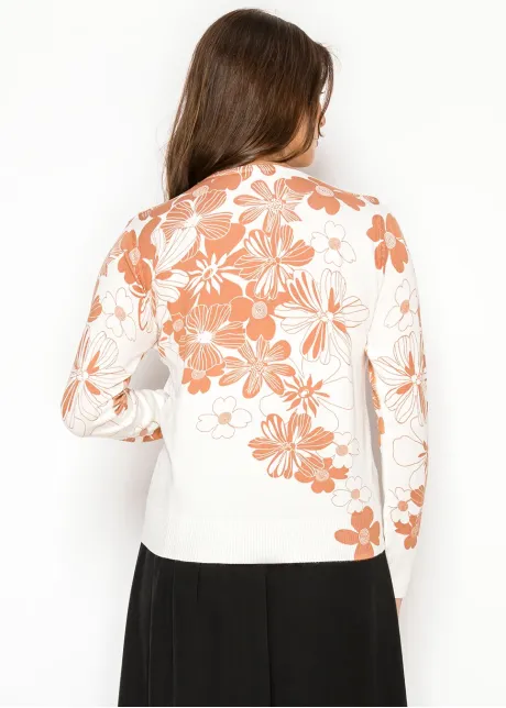 White Sweater with Rust Floral Print
