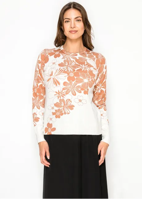 White Sweater with Rust Floral Print