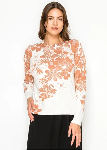 White Sweater with Rust Floral Print