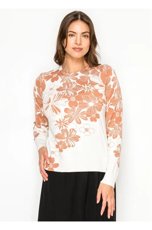 White Sweater with Rust Floral Print