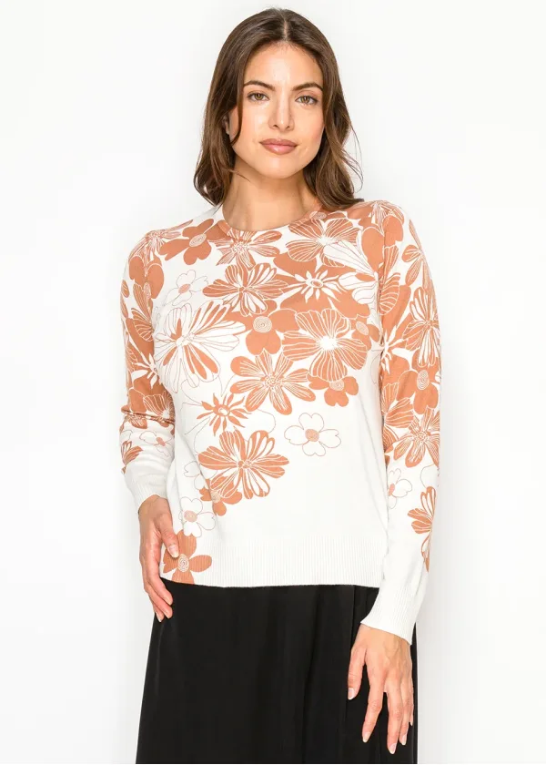 White Sweater with Rust Floral Print
