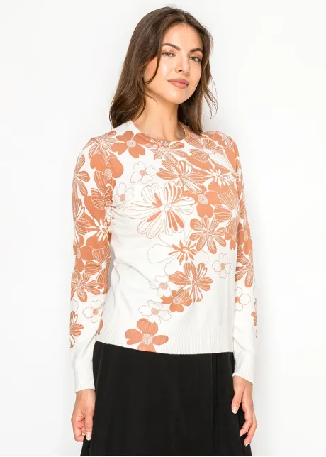White Sweater with Rust Floral Print