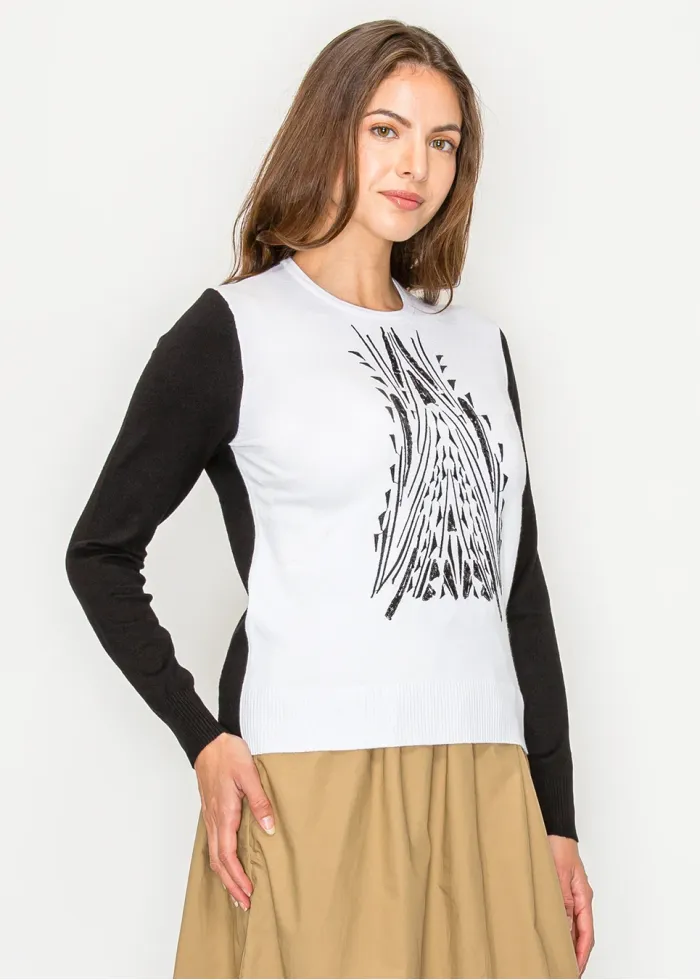 Colorblock knit sweater with graphic front detail