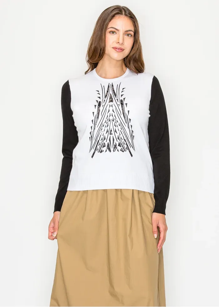 Colorblock knit sweater with graphic front detail