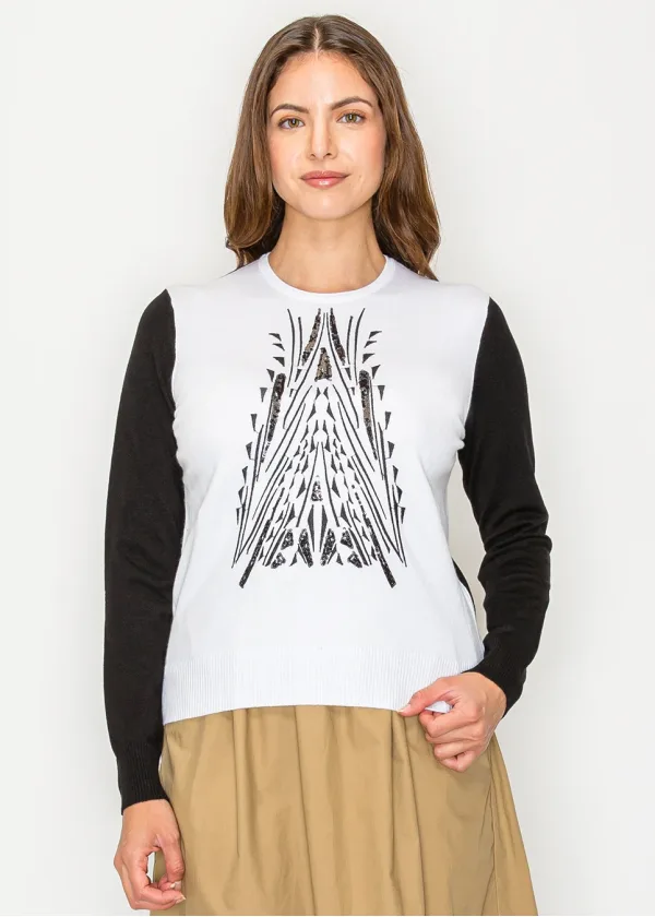 Colorblock knit sweater with graphic front detail