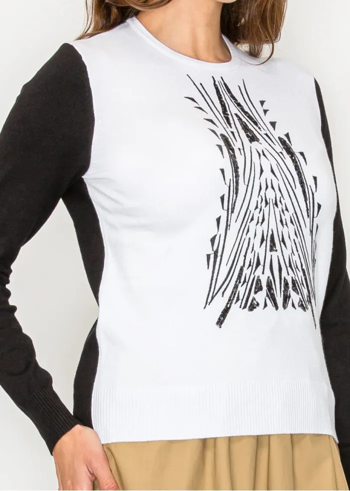 Colorblock knit sweater with graphic front detail