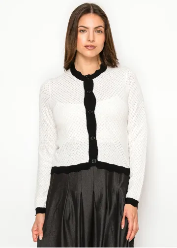 White Pointelle Cardigan with Black Trim