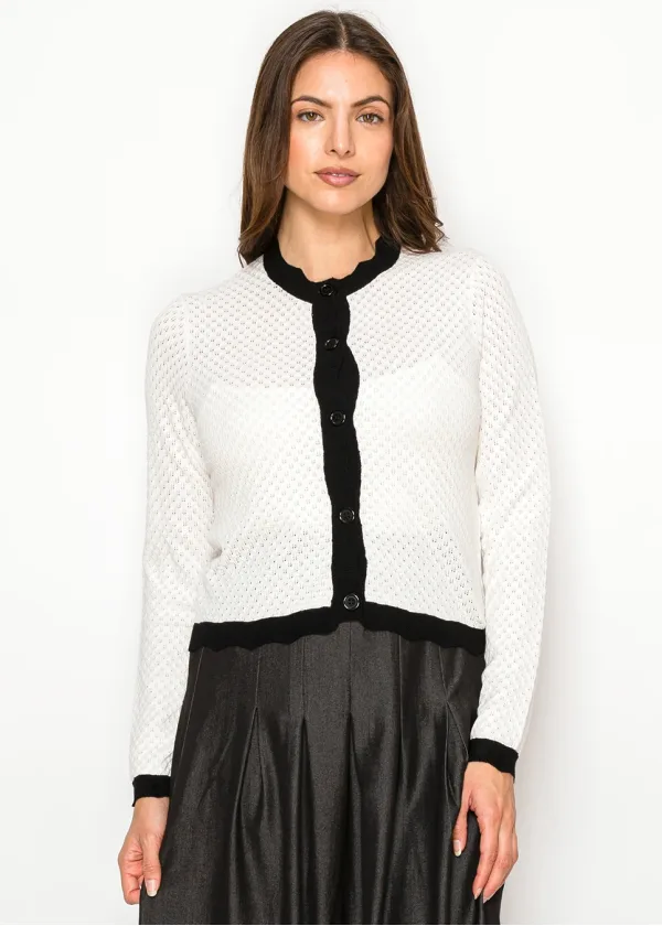 White Pointelle Cardigan with Black Trim