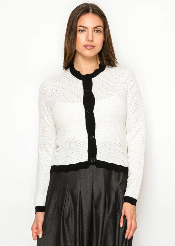 White Pointelle Cardigan with Black Trim