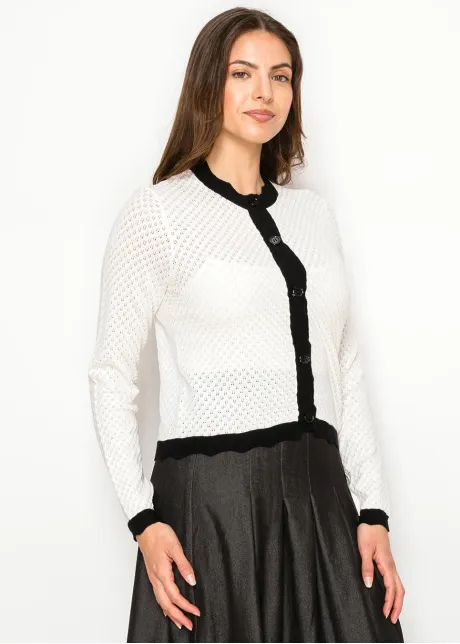 White Pointelle Cardigan with Black Trim