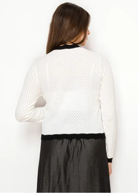 White Pointelle Cardigan with Black Trim